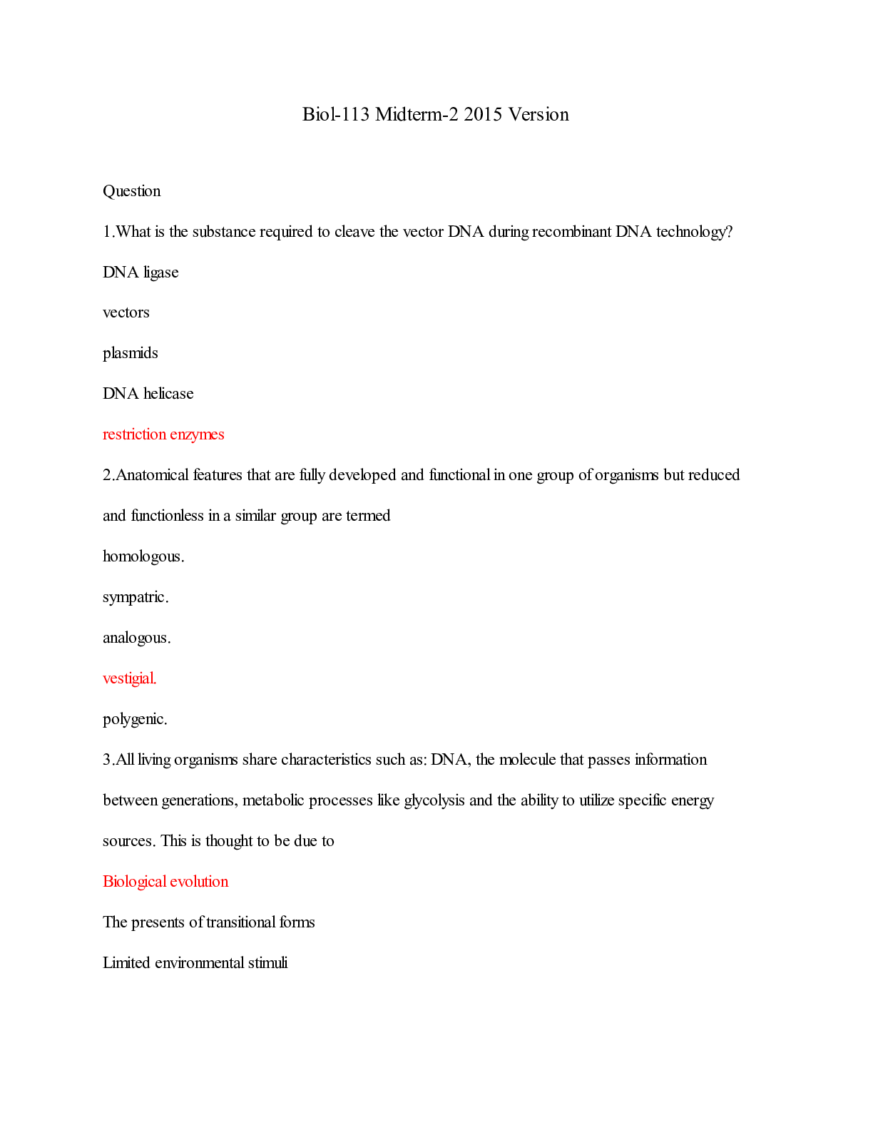 Preview of Biol-113 Midterm-2 2015 Version (50 questions)/Biol-113 Midterm-2 2015 Version (50 questio